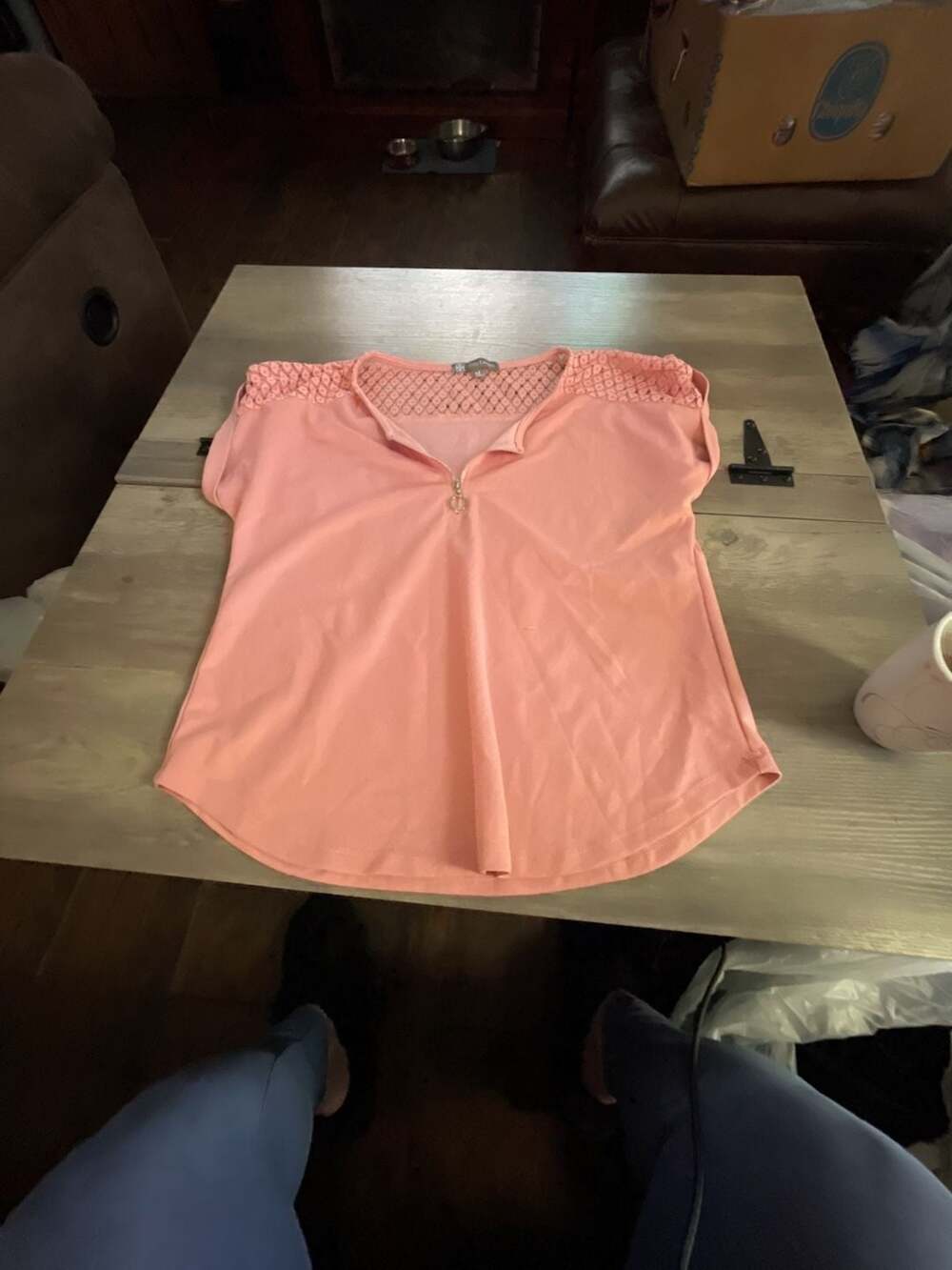 Daisy Fuentes Blouse Size M Peach Lace Yoke Zip Neck